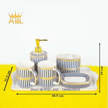 SET Cốc Sứ Nhà Tắm Cao Cấp Dễ Thương - Xanh Sọc-380 ml - 6 Món - PT12