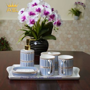 SET Cốc Sứ Nhà Tắm Cao Cấp Dễ Thương - Xanh Sọc-380 ml - 6 Món - PT12