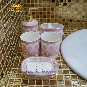 SET Cốc Sứ Nhà Tắm Cao Cấp Họa Tiết Gothic -Oval Hồng - 380 ml - 5 món - PT13