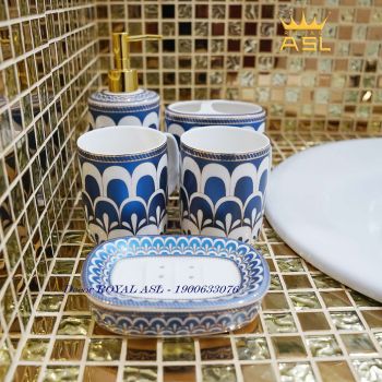 SÉT Cốc Sứ Nhà Tắm Cao Cấp Họa Tiết Gothic -Oval Xanh - 380 ml - 5 món - PT14