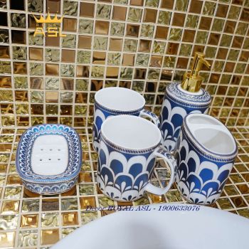 SÉT Cốc Sứ Nhà Tắm Cao Cấp Họa Tiết Gothic -Oval Xanh - 380 ml - 5 món - PT14