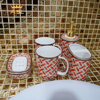 Set Cốc Sứ Nhà Tắm Cao Cấp-Họa Tiết Cairo Ấn Tượng- Màu Cam -380 ml - 5 món - PT17