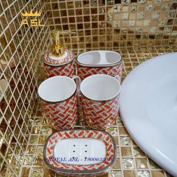 Set Cốc Sứ Nhà Tắm Cao Cấp-Họa Tiết Cairo Ấn Tượng- Màu Cam -380 ml - 5 món - PT17