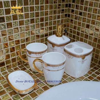 Set Cốc Sứ Nhà Tắm Cao Cấp Hoa Văn Ấn Tượng- Trắng Hoa Văn Vàng - 380 ml - 5 món - PT18
