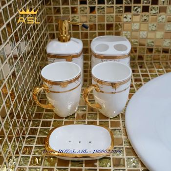 Set Cốc Sứ Nhà Tắm Cao Cấp Hoa Văn Ấn Tượng- Trắng Hoa Văn Vàng - 380 ml - 5 món - PT18