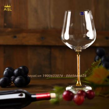 Bộ 6 Ly Rượu Vang Tiệp Chính Hãng Bohemia Crystalex-Chân Ly Dát Vàng 24K-V:640ml -Cao 24cm–RV0100