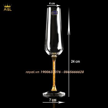 Bộ 6 Ly Rượu Sâm Panh Pha Lê Tiệp Chính Hãng Bohemia Crystalex-Ly Thon, Chân Ly Mạ Vàng 24K-V:280ml -Cao 24cm–RV0101
