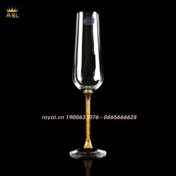 Bộ 6 Ly Rượu Sâm Panh Pha Lê Tiệp Chính Hãng Bohemia Crystalex-Ly Thon, Chân Ly Mạ Vàng 24K-V:280ml -Cao 24cm–RV0101