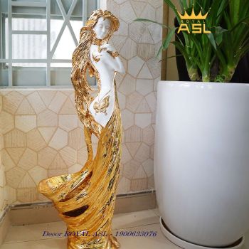 Tượng Decor Trang Trí Phong Cách Thiếu Nữ đứng duyên dáng-Váy xòe 1 bên, Vai bướm - Màu Ánh Vàng-TCG0008