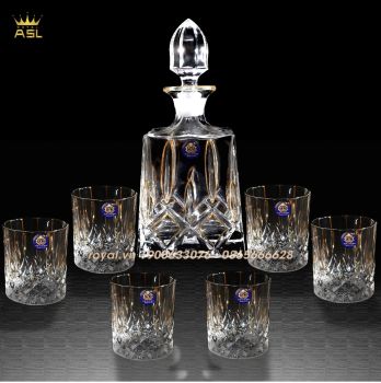 ⚜️Bộ Bình 6 Ly Uống Rượu Tây Whisky Thủy Tinh Kiểu Pháp-Họa Tiết Mài Nổi Kim Cương Chạy Chỉ Vàng -PL0100